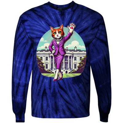 Kamala Cat Lady 2024 Stylish White House Election Fun Tie-Dye Long Sleeve Shirt