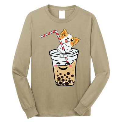 Kawaii Corgi Loves Bubble Tea Funny Bobas Welsh Dog Gift Long Sleeve Shirt