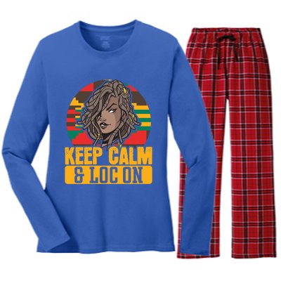 Keep Calm Loc On Black Pride Melanin African American Gift Women's Long Sleeve Flannel Pajama Set 