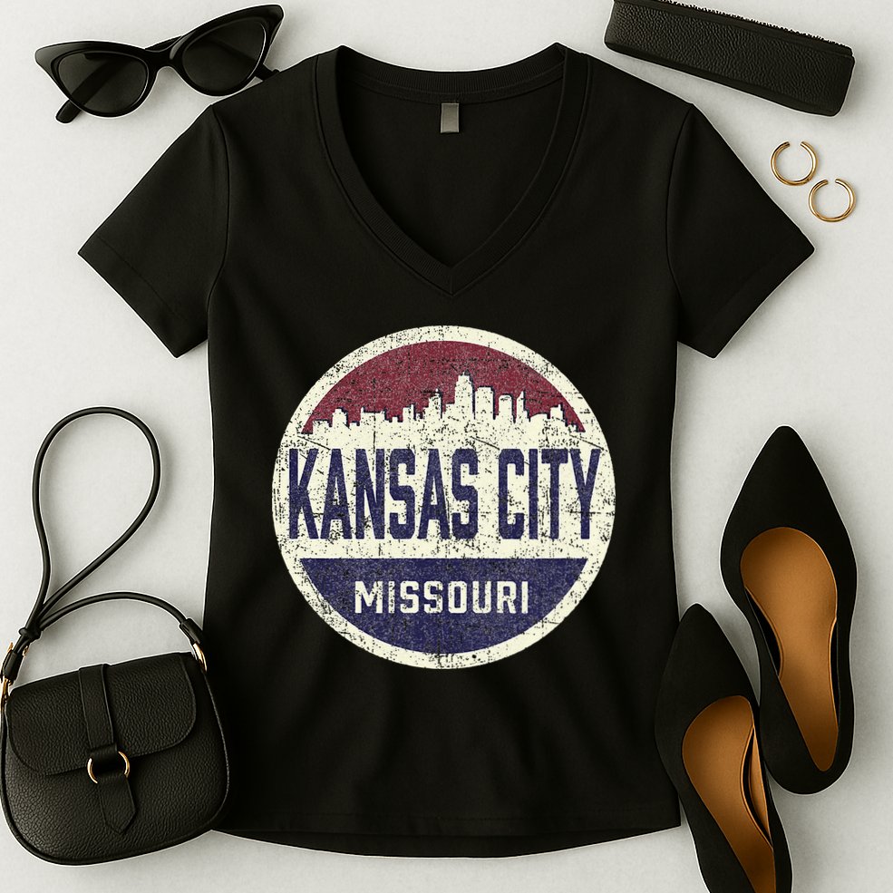 Kansas City Missouri Retro City Skyline Souvenir Women's V-Neck T-Shirt