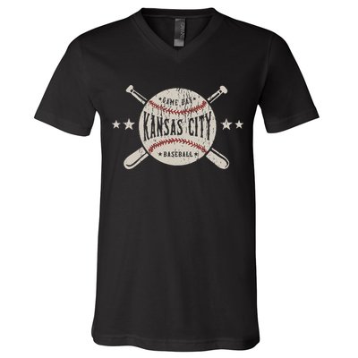 Kansas City Missouri Kc Vintage Baseball V-Neck T-Shirt