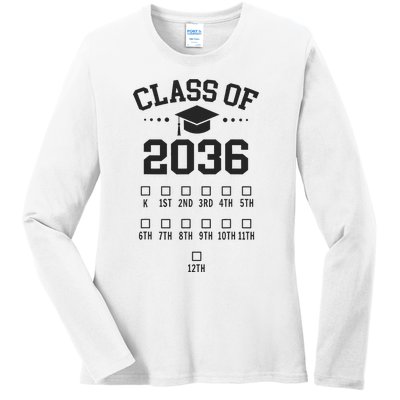 Kindergarten Class Of 2036 Grow With Me Space For Checkmarks Ladies Long Sleeve Shirt