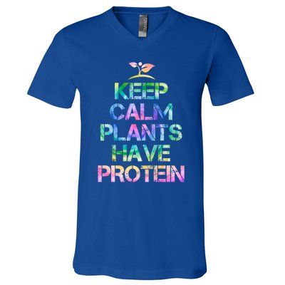 Keep Calm Plants Have Protein Tie Dey Vegan Gift Great Gift V-Neck T-Shirt