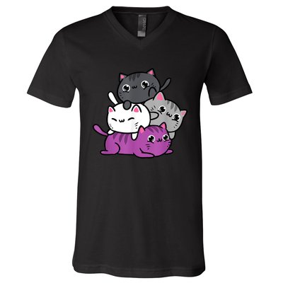 Kawaii Cat Pile Asexual Pride V-Neck T-Shirt