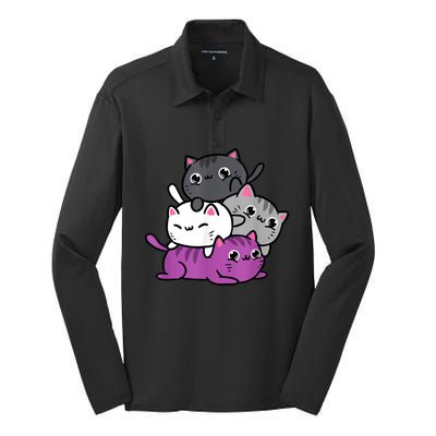 Kawaii Cat Pile Asexual Pride Silk Touch Performance Long Sleeve Polo