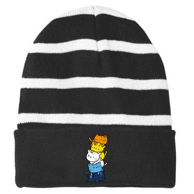 Kawaii Cat Pile Aroace Pride Flag Striped Beanie with Solid Band