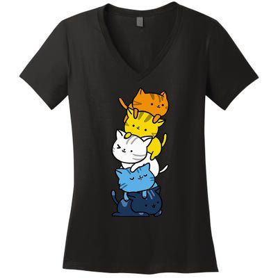 Kawaii Cat Pile Aroace Pride Flag Women's V-Neck T-Shirt