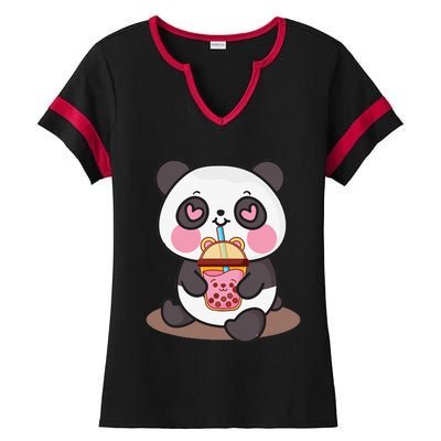 Kawaii Cute Panda Boba Tea Bubble Tea Anime Ladies Halftime Notch Neck Tee