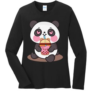 Kawaii Cute Panda Boba Tea Bubble Tea Anime Ladies Long Sleeve Shirt