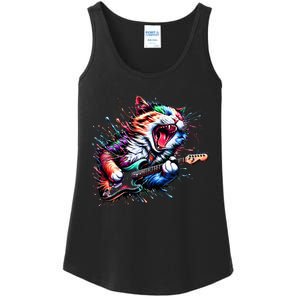 Kitty Cat Playing Guitar Rock Cat Heavy Metal Cat Music Cat Ladies Essential Tank