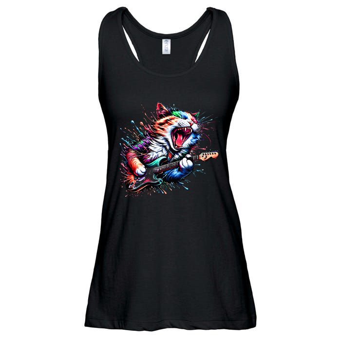 Kitty Cat Playing Guitar Rock Cat Heavy Metal Cat Music Cat Ladies Essential Flowy Tank