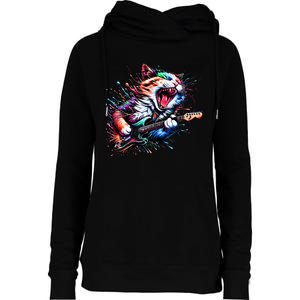 Kitty Cat Playing Guitar Rock Cat Heavy Metal Cat Music Cat Womens Funnel Neck Pullover Hood