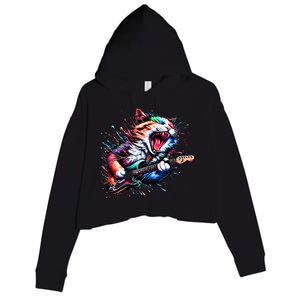 Kitty Cat Playing Guitar Rock Cat Heavy Metal Cat Music Cat Crop Fleece Hoodie