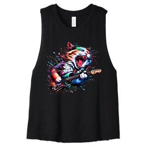 Kitty Cat Playing Guitar Rock Cat Heavy Metal Cat Music Cat Women's Racerback Cropped Tank