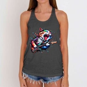 Kitty Cat Playing Guitar Rock Cat Heavy Metal Cat Music Cat Women's Knotted Racerback Tank