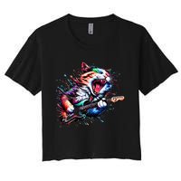 Kitty Cat Playing Guitar Rock Cat Heavy Metal Cat Music Cat Women's Crop Top Tee