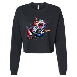 Kitty Cat Playing Guitar Rock Cat Heavy Metal Cat Music Cat Cropped Pullover Crew