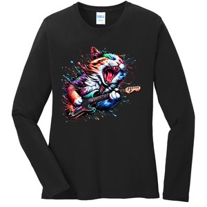 Kitty Cat Playing Guitar Rock Cat Heavy Metal Cat Music Cat Ladies Long Sleeve Shirt