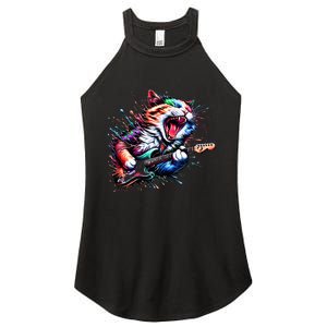 Kitty Cat Playing Guitar Rock Cat Heavy Metal Cat Music Cat Women's Perfect Tri Rocker Tank