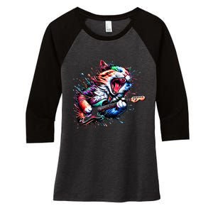 Kitty Cat Playing Guitar Rock Cat Heavy Metal Cat Music Cat Women's Tri-Blend 3/4-Sleeve Raglan Shirt