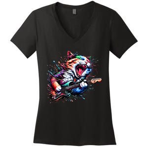 Kitty Cat Playing Guitar Rock Cat Heavy Metal Cat Music Cat Women's V-Neck T-Shirt