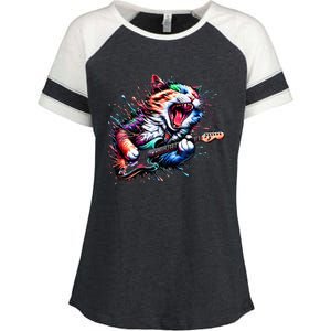 Kitty Cat Playing Guitar Rock Cat Heavy Metal Cat Music Cat Enza Ladies Jersey Colorblock Tee