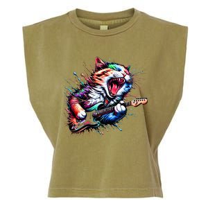 Kitty Cat Playing Guitar Rock Cat Heavy Metal Cat Music Cat Garment-Dyed Women's Muscle Tee