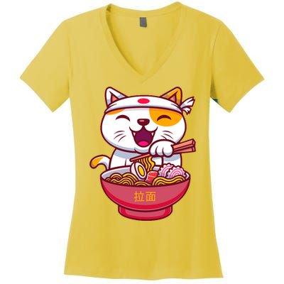 Kawaki Cat Ramen Anime Cartoon Women's V-Neck T-Shirt
