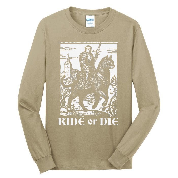 Knight Cat Rider Vintage 90s Medieval Knight Riding Cat Tall Long Sleeve T-Shirt