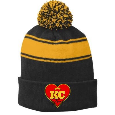 Kansas City Strong Football Heart Awareness Stripe Pom Pom Beanie