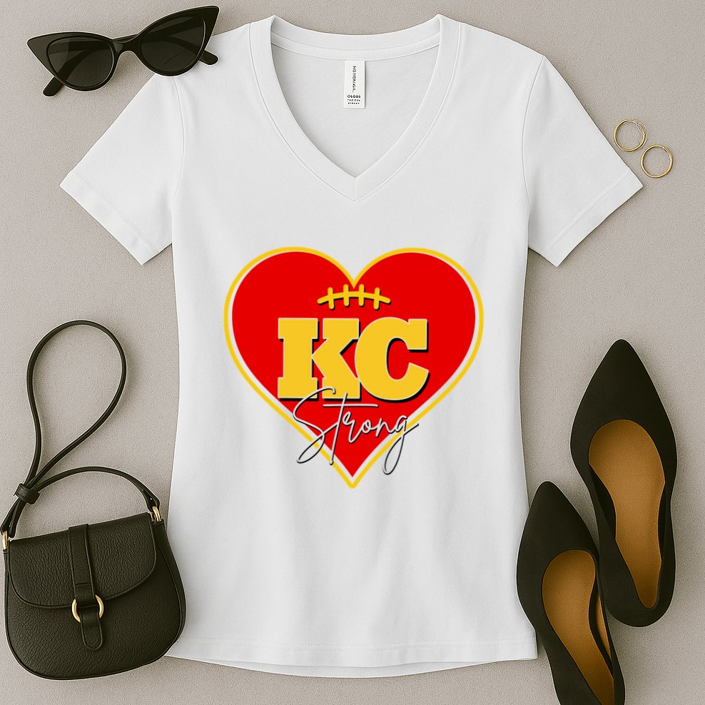 Kansas City Strong Football Heart Awareness Women's V-Neck T-Shirt