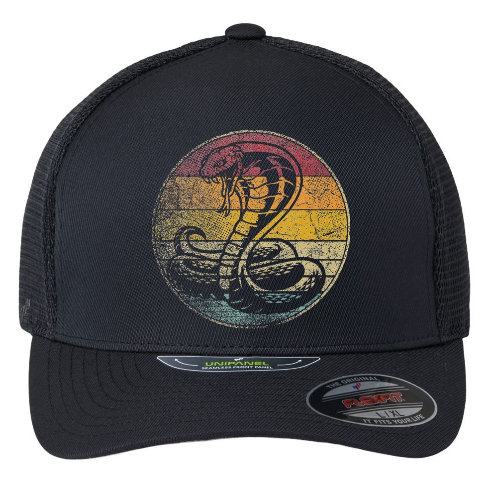 King Cobra Snake Sun Retro Vintage Reptile 80s Gift Flexfit Unipanel Trucker Cap