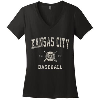 Kansas City Vintage Baseball Throwback Retro Design Women's V-Neck T-Shirt