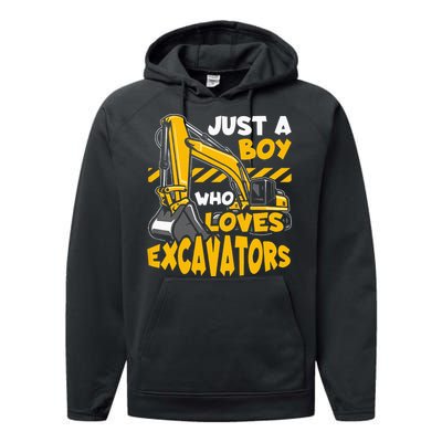 Kids Construction Vehicle Just A Boy Who Loves Excavators Performance Fleece Hoodie