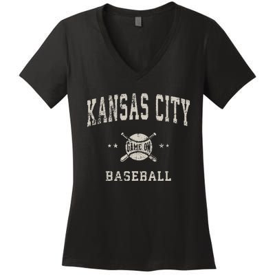 Kansas City Vintage Baseball Throwback Retro Design Women's V-Neck T-Shirt