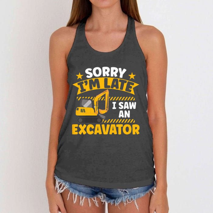 Kids Construction Vehicle Sorry Im Late I Saw An Excavator Women's Knotted Racerback Tank