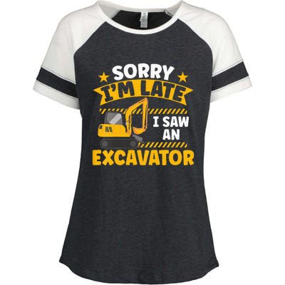 Kids Construction Vehicle Sorry Im Late I Saw An Excavator Enza Ladies Jersey Colorblock Tee