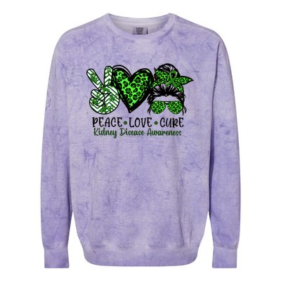 Kidney Disease Awareness Peace Love Cure Green Ribbon Messy Bun Kidney Colorblast Crewneck Sweatshirt