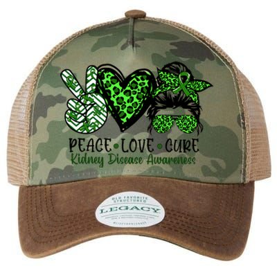 Kidney Disease Awareness Peace Love Cure Green Ribbon Messy Bun Kidney Legacy Tie Dye Trucker Hat