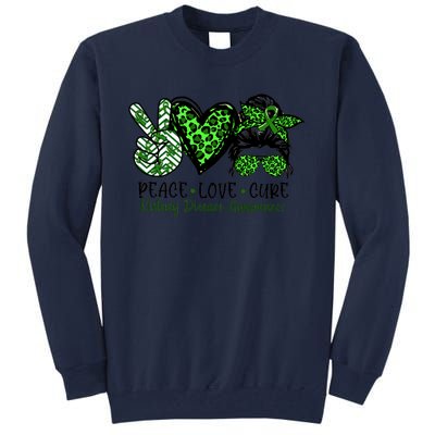 Kidney Disease Awareness Peace Love Cure Green Ribbon Messy Bun Kidney Tall Sweatshirt