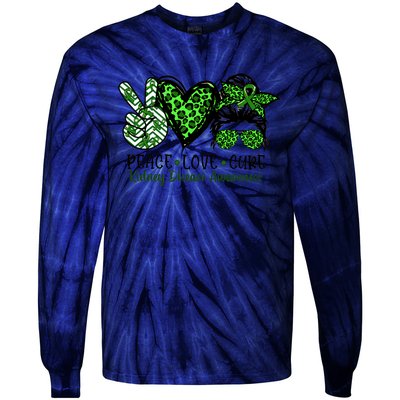 Kidney Disease Awareness Peace Love Cure Green Ribbon Messy Bun Kidney Tie-Dye Long Sleeve Shirt