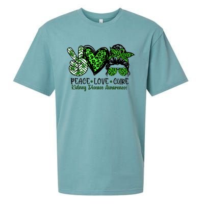 Kidney Disease Awareness Peace Love Cure Green Ribbon Messy Bun Kidney Sueded Cloud Jersey T-Shirt