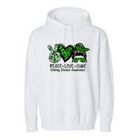 Kidney Disease Awareness Peace Love Cure Green Ribbon Messy Bun Kidney Garment-Dyed Fleece Hoodie