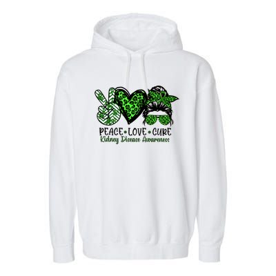 Kidney Disease Awareness Peace Love Cure Green Ribbon Messy Bun Kidney Garment-Dyed Fleece Hoodie