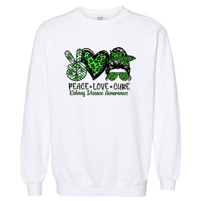 Kidney Disease Awareness Peace Love Cure Green Ribbon Messy Bun Kidney Garment-Dyed Sweatshirt