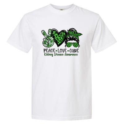 Kidney Disease Awareness Peace Love Cure Green Ribbon Messy Bun Kidney Garment-Dyed Heavyweight T-Shirt