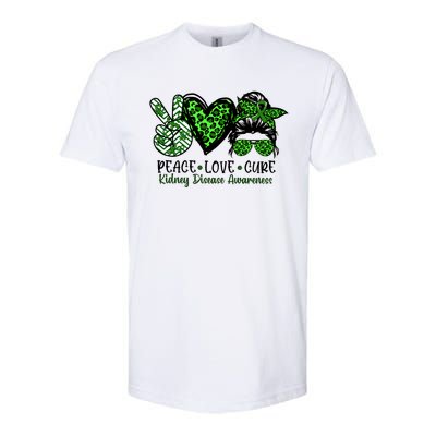 Kidney Disease Awareness Peace Love Cure Green Ribbon Messy Bun Kidney Softstyle CVC T-Shirt