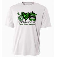 Kidney Disease Awareness Peace Love Cure Green Ribbon Messy Bun Kidney Cooling Performance Crew T-Shirt