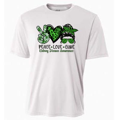 Kidney Disease Awareness Peace Love Cure Green Ribbon Messy Bun Kidney Cooling Performance Crew T-Shirt