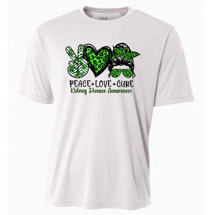 Kidney Disease Awareness Peace Love Cure Green Ribbon Messy Bun Kidney Cooling Performance Crew T-Shirt